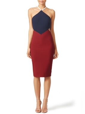 Elizabeth and James Two-Tone Halter Midi Dress - Navy & Burgundy